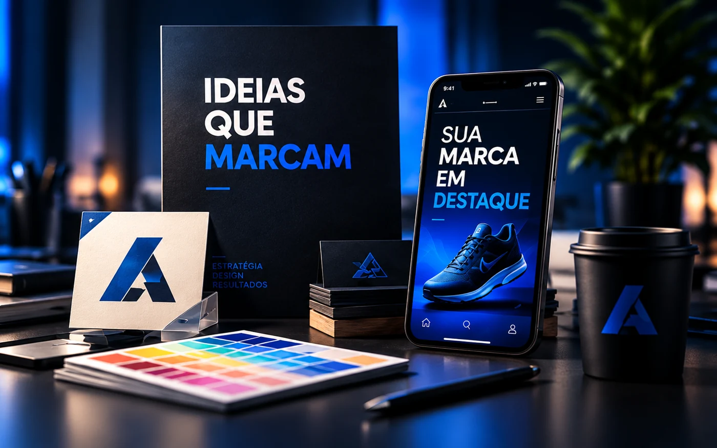 Composição de artes digitais com cartaz, identidade visual e anúncio no celular
