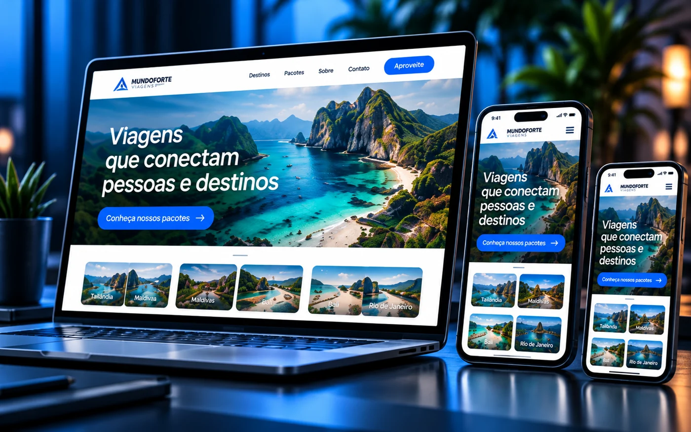 Ilustração de um website de viagens em notebook e celulares